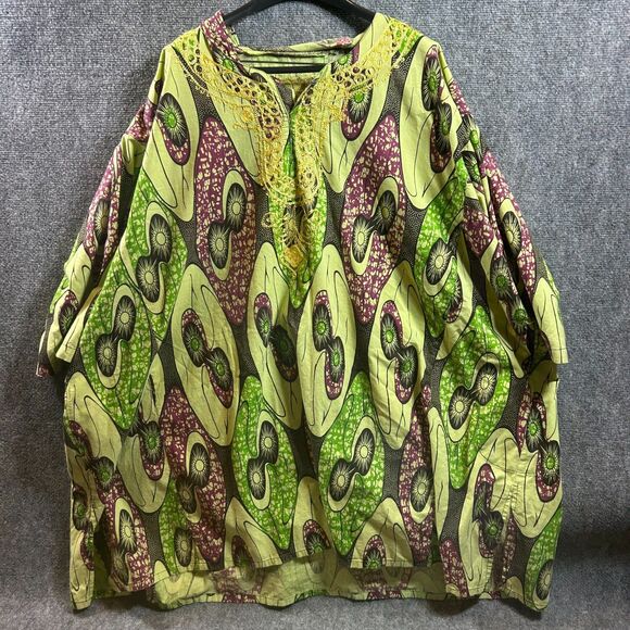 Unisex African Dashiki Tunic – Green and Purple Wax Print – Traditional Boho Fit - Picture 3 of 16